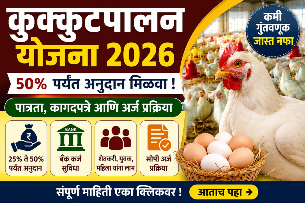 कुक्कुटपालन योजना 2026 अंतर्गत अनुदान मिळवून व्यवसाय करणारा शेतकरी आणि पोल्ट्री फार्म